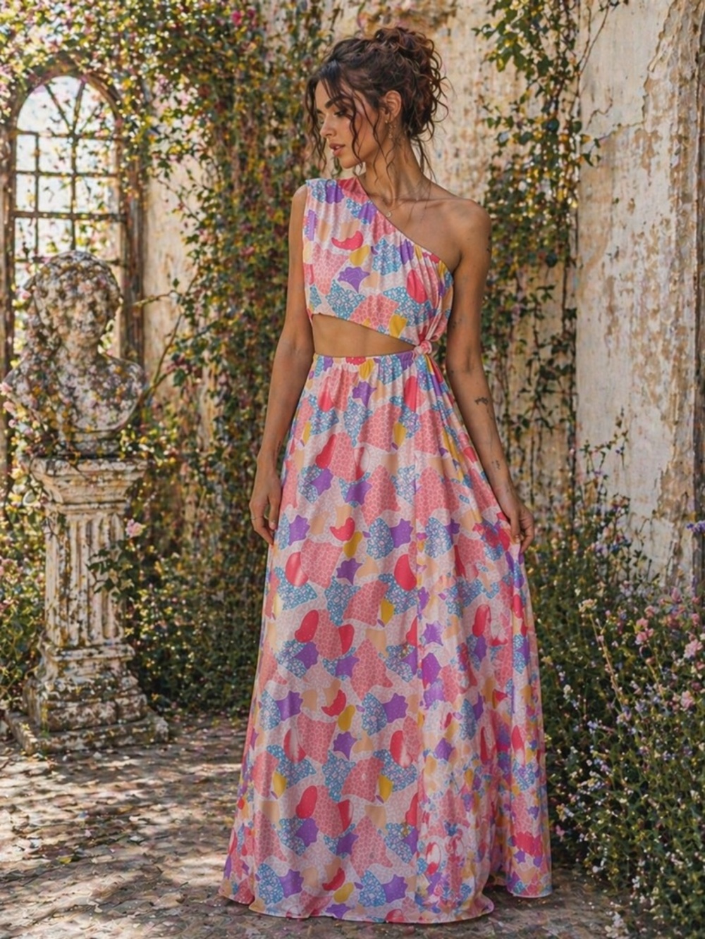 America & Beyond Cotton Candy One Shoulder Maxi Dress M | Cutout Summer NWT